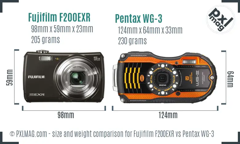 Fujifilm F200EXR vs Pentax WG-3 size comparison