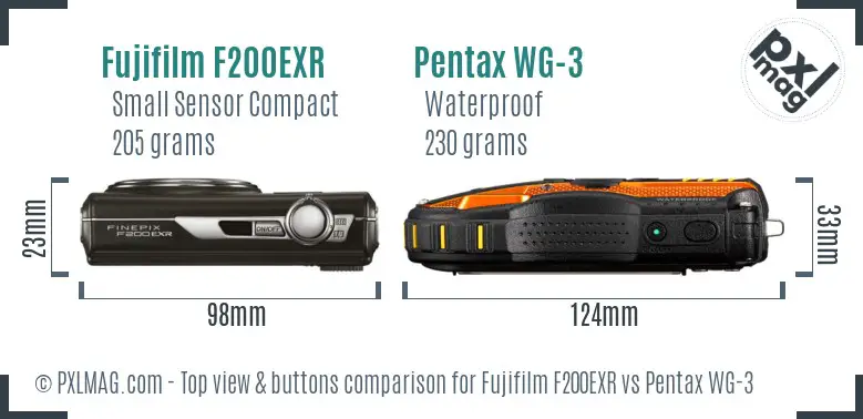 Fujifilm F200EXR vs Pentax WG-3 top view buttons comparison