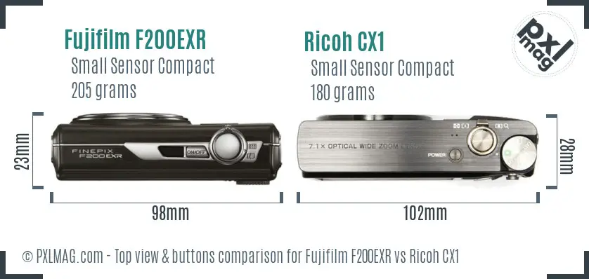 Fujifilm F200EXR vs Ricoh CX1 top view buttons comparison