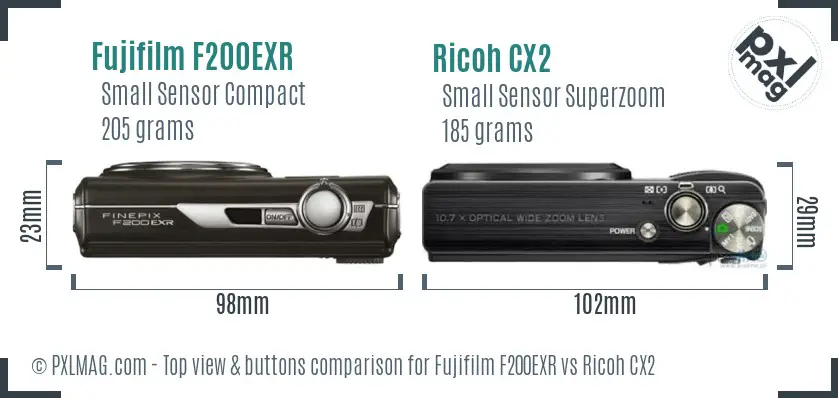 Fujifilm F200EXR vs Ricoh CX2 top view buttons comparison