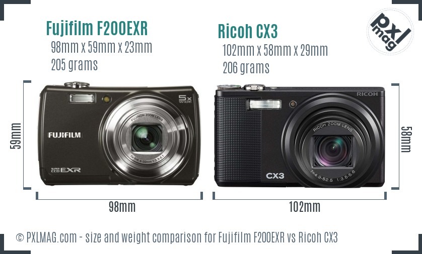 Fujifilm F200EXR vs Ricoh CX3 size comparison