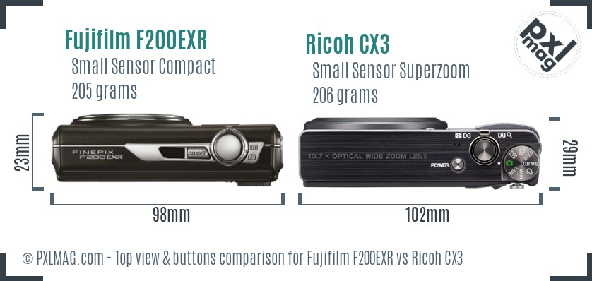 Fujifilm F200EXR vs Ricoh CX3 top view buttons comparison