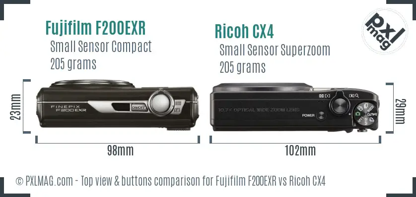 Fujifilm F200EXR vs Ricoh CX4 top view buttons comparison