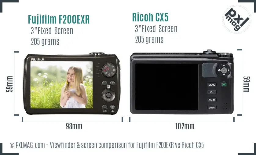 Fujifilm F200EXR vs Ricoh CX5 Screen and Viewfinder comparison