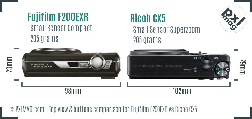 Fujifilm F200EXR vs Ricoh CX5 top view buttons comparison