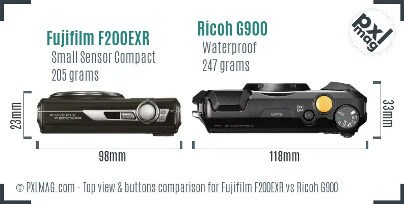 Fujifilm F200EXR vs Ricoh G900 top view buttons comparison