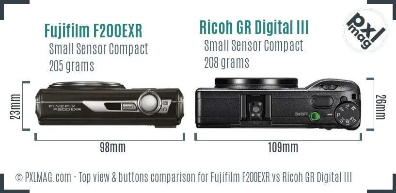Fujifilm F200EXR vs Ricoh GR Digital III top view buttons comparison