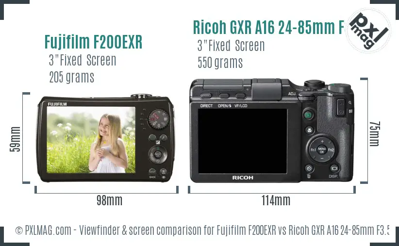 Fujifilm F200EXR vs Ricoh GXR A16 24-85mm F3.5-5.5 Screen and Viewfinder comparison Fujifilm F200EXR vs Ricoh GXR A16 24-85mm F3.5-5.5 Screen and Viewfinder comparison