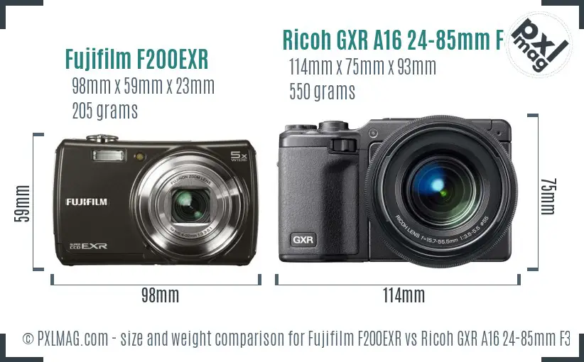 Fujifilm F200EXR vs Ricoh GXR A16 24-85mm F3.5-5.5 size comparison Fujifilm F200EXR vs Ricoh GXR A16 24-85mm F3.5-5.5 size comparison