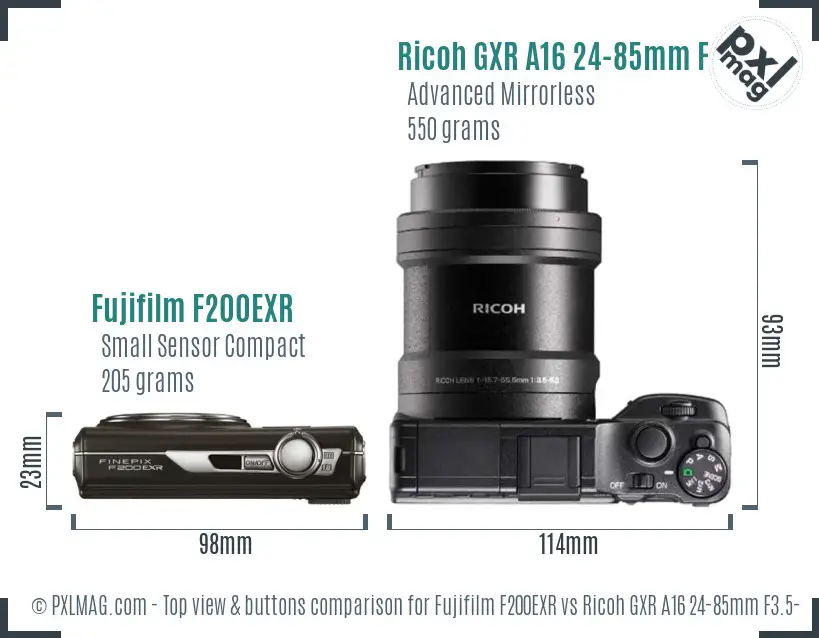 Fujifilm F200EXR vs Ricoh GXR A16 24-85mm F3.5-5.5 top view buttons comparison Fujifilm F200EXR vs Ricoh GXR A16 24-85mm F3.5-5.5 top view buttons comparison