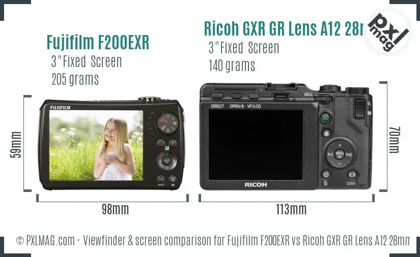 Fujifilm F200EXR vs Ricoh GXR GR Lens A12 28mm F2.5 Screen and Viewfinder comparison