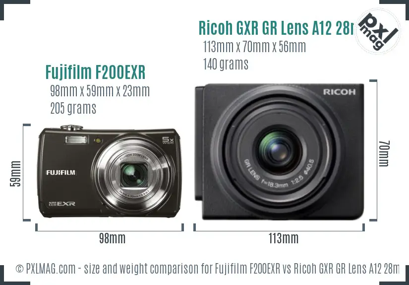 Fujifilm F200EXR vs Ricoh GXR GR Lens A12 28mm F2.5 size comparison