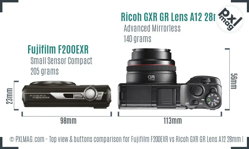 Fujifilm F200EXR vs Ricoh GXR GR Lens A12 28mm F2.5 top view buttons comparison