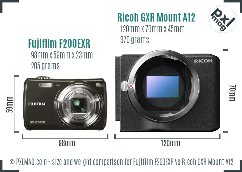 Fujifilm F200EXR vs Ricoh GXR Mount A12 size comparison