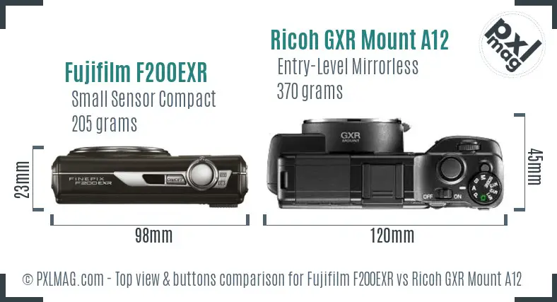 Fujifilm F200EXR vs Ricoh GXR Mount A12 top view buttons comparison