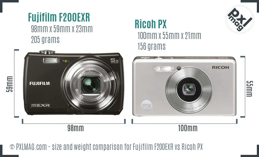 Fujifilm F200EXR vs Ricoh PX size comparison