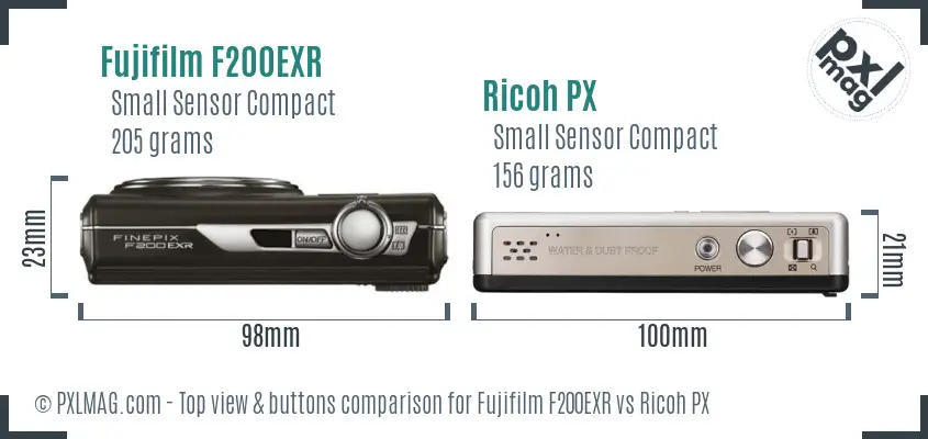 Fujifilm F200EXR vs Ricoh PX top view buttons comparison