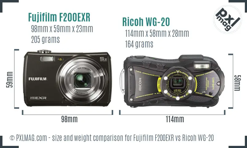 Fujifilm F200EXR vs Ricoh WG-20 size comparison