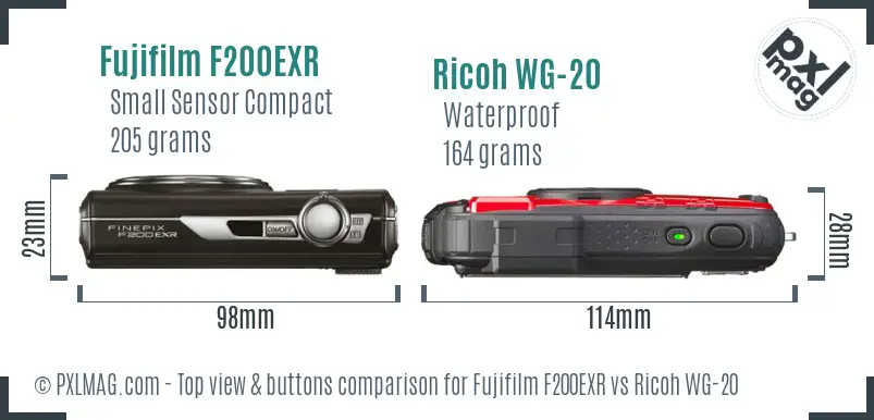 Fujifilm F200EXR vs Ricoh WG-20 top view buttons comparison