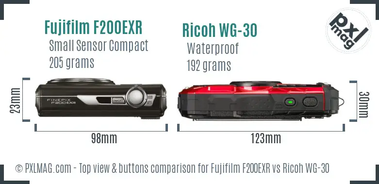 Fujifilm F200EXR vs Ricoh WG-30 top view buttons comparison