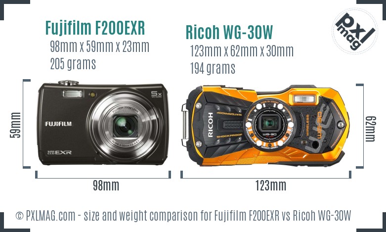 Fujifilm F200EXR vs Ricoh WG-30W size comparison