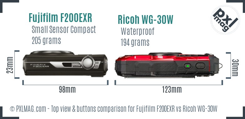 Fujifilm F200EXR vs Ricoh WG-30W top view buttons comparison