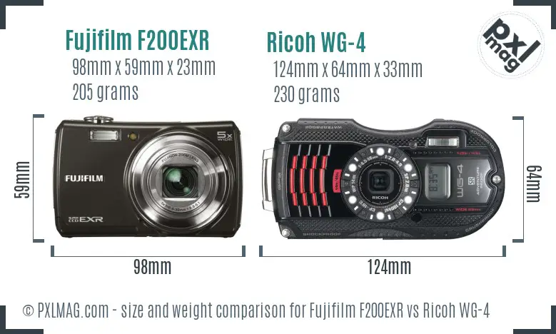 Fujifilm F200EXR vs Ricoh WG-4 size comparison