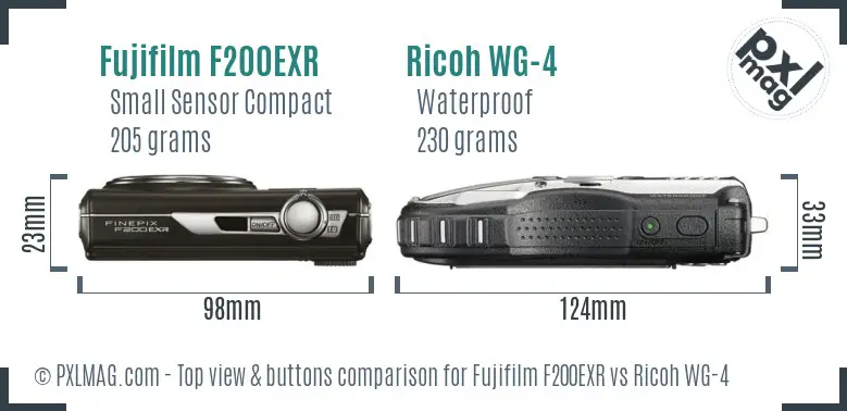 Fujifilm F200EXR vs Ricoh WG-4 top view buttons comparison