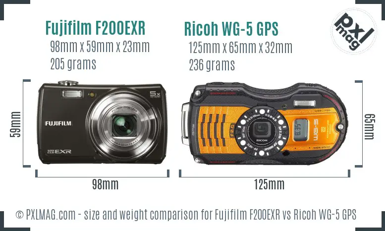 Fujifilm F200EXR vs Ricoh WG-5 GPS size comparison