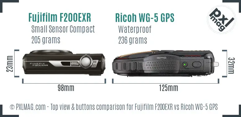 Fujifilm F200EXR vs Ricoh WG-5 GPS top view buttons comparison