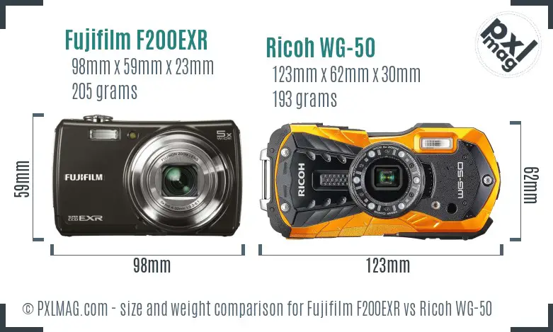 Fujifilm F200EXR vs Ricoh WG-50 size comparison