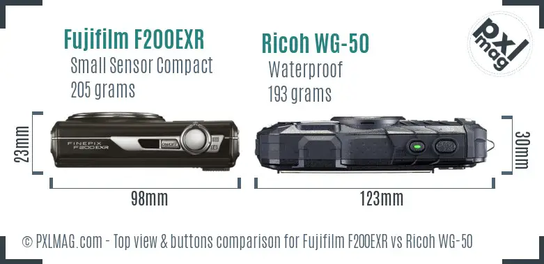Fujifilm F200EXR vs Ricoh WG-50 top view buttons comparison