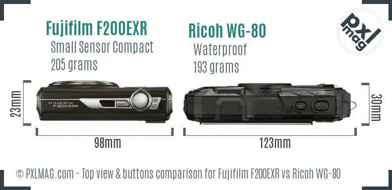 Fujifilm F200EXR vs Ricoh WG-80 top view buttons comparison Fujifilm F200EXR vs Ricoh WG-80 top view buttons comparison
