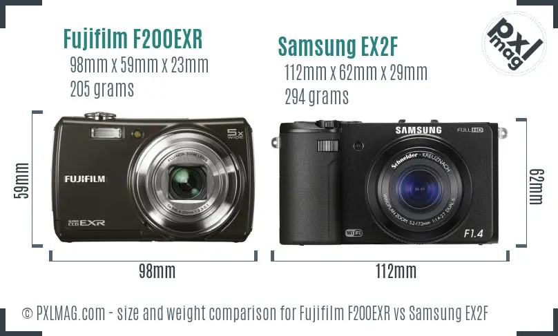 Fujifilm F200EXR vs Samsung EX2F size comparison