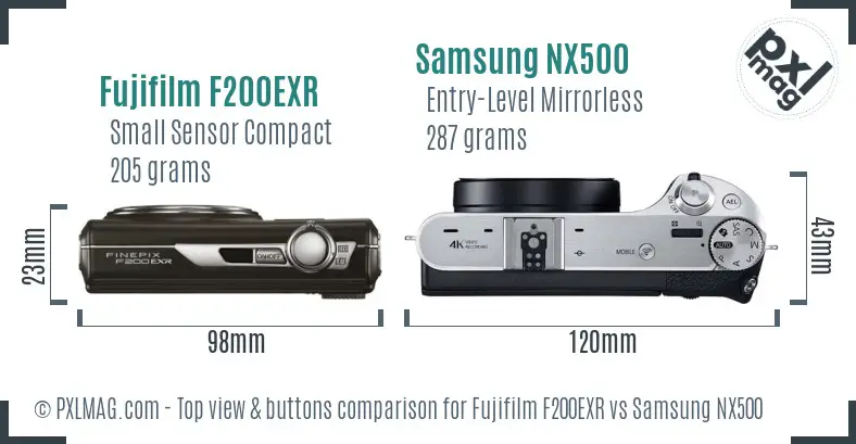 Fujifilm F200EXR vs Samsung NX500 top view buttons comparison