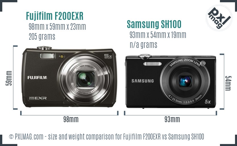 Fujifilm F200EXR vs Samsung SH100 size comparison