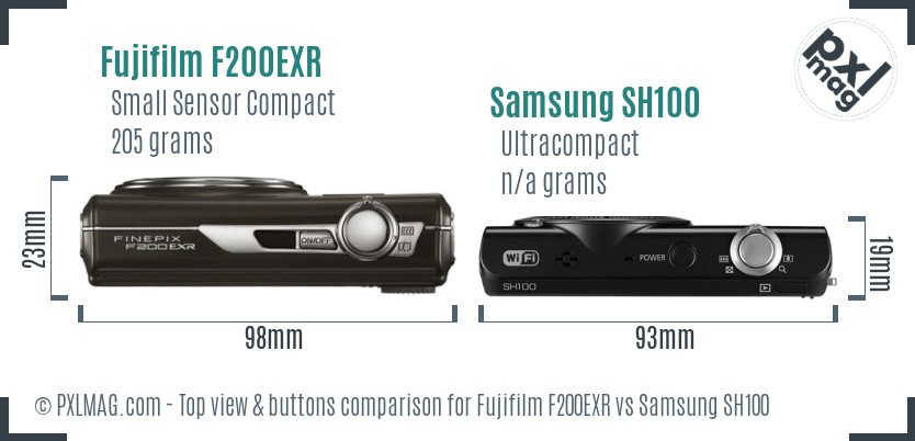Fujifilm F200EXR vs Samsung SH100 top view buttons comparison