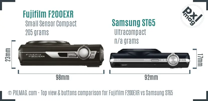Fujifilm F200EXR vs Samsung ST65 top view buttons comparison Fujifilm F200EXR vs Samsung ST65 top view buttons comparison