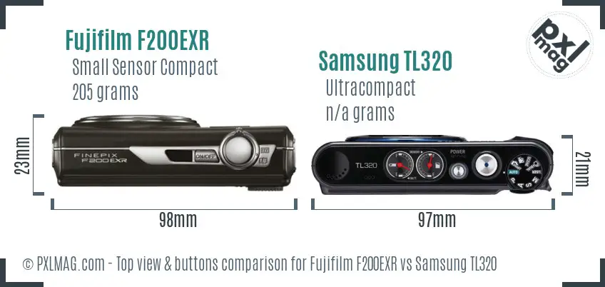 Fujifilm F200EXR vs Samsung TL320 top view buttons comparison Fujifilm F200EXR vs Samsung TL320 top view buttons comparison