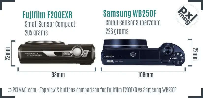 Fujifilm F200EXR vs Samsung WB250F top view buttons comparison Fujifilm F200EXR vs Samsung WB250F top view buttons comparison