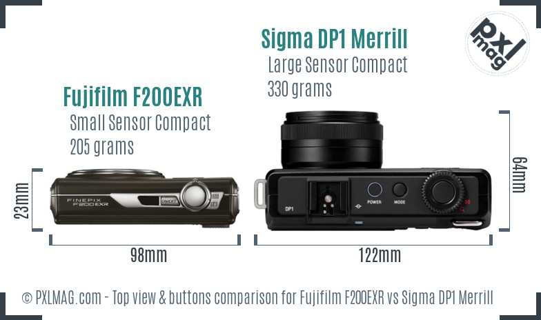 Fujifilm F200EXR vs Sigma DP1 Merrill top view buttons comparison
