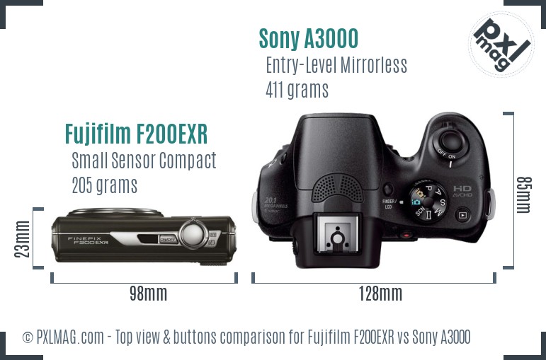 Fujifilm F200EXR vs Sony A3000 top view buttons comparison