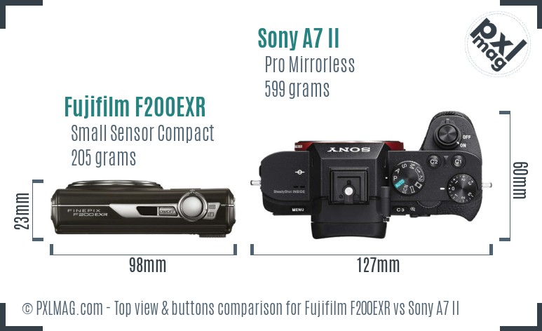 Fujifilm F200EXR vs Sony A7 II top view buttons comparison