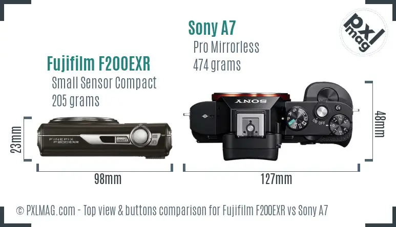 Fujifilm F200EXR vs Sony A7 top view buttons comparison