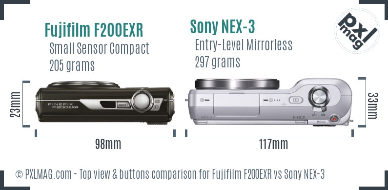 Fujifilm F200EXR vs Sony NEX-3 top view buttons comparison