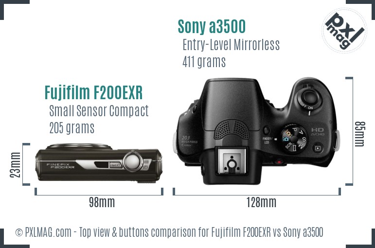 Fujifilm F200EXR vs Sony a3500 top view buttons comparison