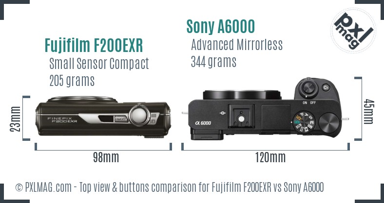 Fujifilm F200EXR vs Sony A6000 top view buttons comparison