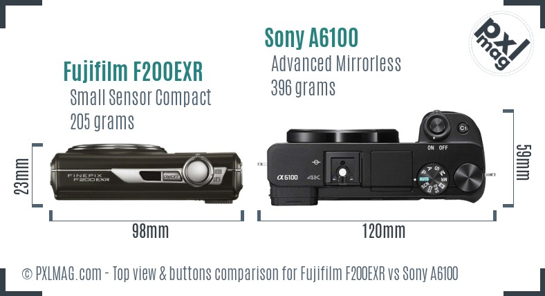 Fujifilm F200EXR vs Sony A6100 top view buttons comparison