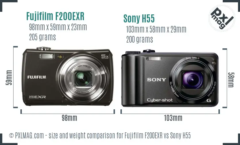 Fujifilm F200EXR vs Sony H55 size comparison