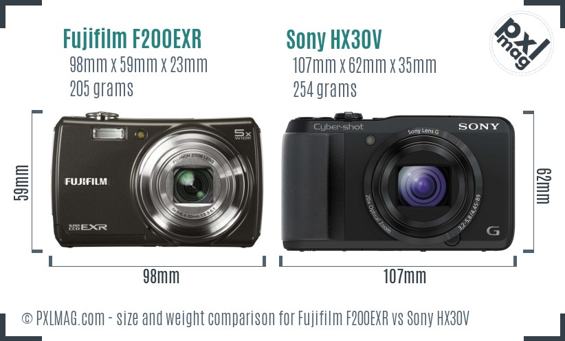 Fujifilm F200EXR vs Sony HX30V size comparison